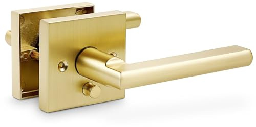 Linkaa Brass Gold Privacy Lever Door Handle Interior Levers, Keyless Door Lock with Adjustable Latch and Screws, Easy Install，Fit Standard Door (Pivacy，Push Button Lock，Satin Brass，1 Pack