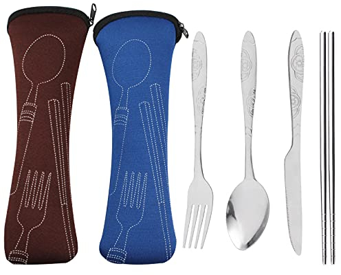 2 juegos de cubiertos de acero inoxidable, cubiertos portátiles, cubiertos de viaje, que incluyen cuchillo/tenedor/cuchara/palillos/y funda protectora (12 piezas)