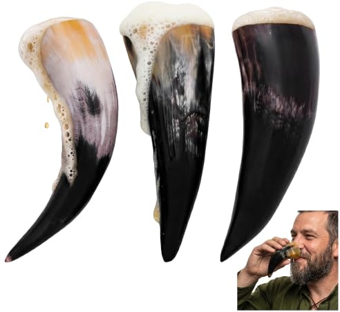 Lord of Battles Medieval Viking Drinking Horns Set of 3 Pieces Genuine Ox Horn Norseman Drinking Vessel Horn for Ale Mead for Men and Women (Plain, 80-100 ML)