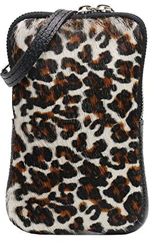 SH Leder Damen Echtleder Handytasche Umhängetasche Geldbörse Multifunktion Beutel Mini Bote Abnehmbar Verstellbar Schultergurt Handy bis 6,8 Zoll 11x18cm Jana G269 (Weiss Leopardenmuster Kuhfell)