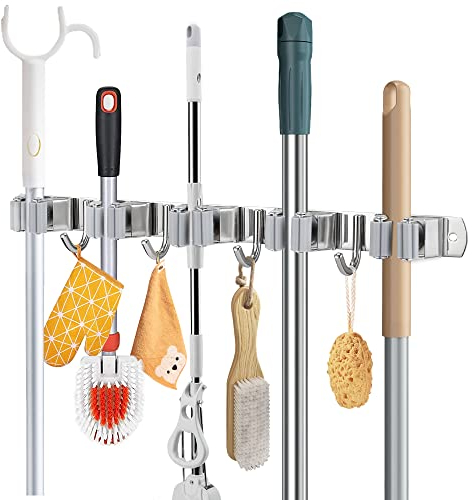 Support mural pour balai et serpillère en acier inoxydable - 5 étagères et 4 crochets - Gris