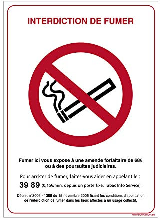 Panneau Interdiction de Fumer avec Décret. Panneau Cigarette Interdite. Sticker Interdiction de Fumer, PVC, Alu - 75 x 105 mm - Adhésif - Adhésif -