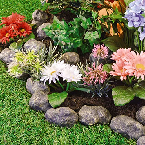 56pc Stone Effect Garden Edging – Easy to Install Hammer-In Polyresin Pebble Rock Border Outdoor Decoration, Perfect for Rockeries, Flower Beds, Ponds or Edging Lawns – Each Stone L8.9 x H5 x W5cm