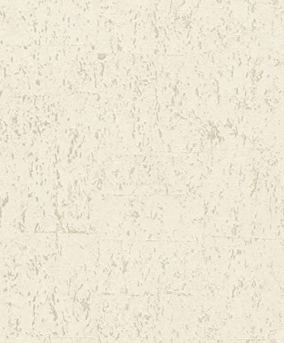 Rasch Tapete 538311 - Weiß-goldene Vliestapete mit Kork-Optik im industriellen Design aus der Kollektion Curiosity - 10,05m x 0,53m (LxB)