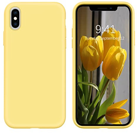 DOMAVER Coque iPhone X/XS Silicone Silicone Liquide Fine, Etui iPhone XS Case Antichoc Doublure Microfibre Douce Protection, Housse RigideTéléphone iPhone X Jaune