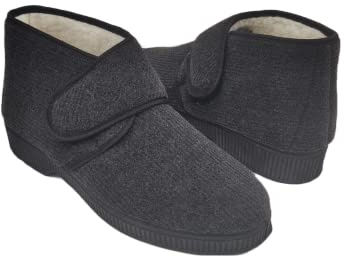 Warme Hausschuhe Herren für Winter, Lammfell Diabetiker Schuhe mit Klettverschluss für Männer Und Senioren, Orthopädische Pantoffeln (Schwarz, EU Schuhgrößensystem, Erwachsene, Numerisch, M, 42)