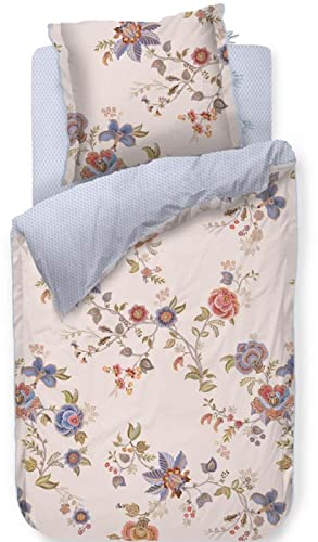 Pip Studio Bettwäsche Cece Fiore Weiss Blumen Blüten Geblümt Gemustert Blatt Blau Wendeoptik Perkal, Größe:155 cm x 220 cm