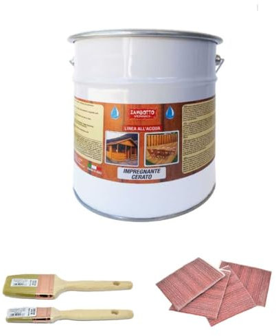 ZAMBOTTO VERNICI KIT carta e pennelli + Impregnante cerato all'acqua per legno interni ed esterni FORMATO 0,75 LITRI (205 - Ciliegio Chiaro)