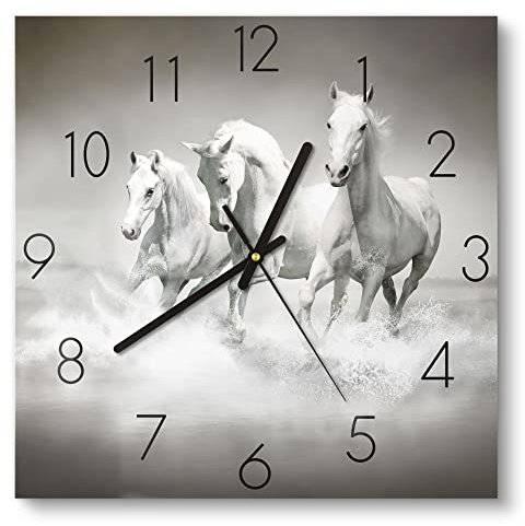 DEQORI Glasuhr | 30x30 cm | Motiv Weiße Araber im Wasser | ausgefallene leise Design Uhr aus Glas | Wanduhr für Wohnzimmer & Küche | moderne Hingucker Uhr für die Wand
