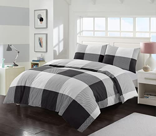 Homespace Direct Monochrome Check Super King Bedding Duvet Cover Set Modern Style Polycotton
