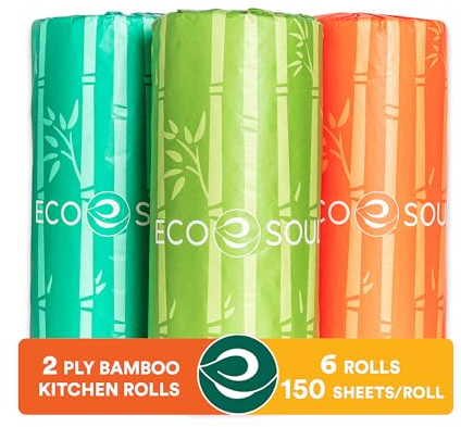 ECO SOUL Juego de 6 rollos de toallas de papel de cocina de bambú 100% compostables, 2 capas con 900 hojas, 150 hojas cada una, toalla de papel suave ecológica, toalla de cocina