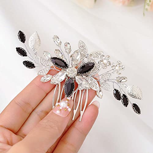 IYOU Strass Braut Haarkämme Schwarz Blume Kopfschmuck Glänzend Kristall Haarteil Braut Hochzeit Seitenkamm für Frauen