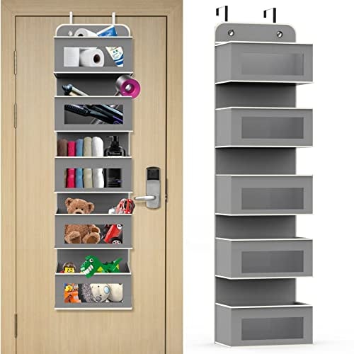 Aqash Over Door Storage Hanging Organiser - 5 Clear Window Pockets Organizer For Toys, Wallets And Towels, Grey (Grey)