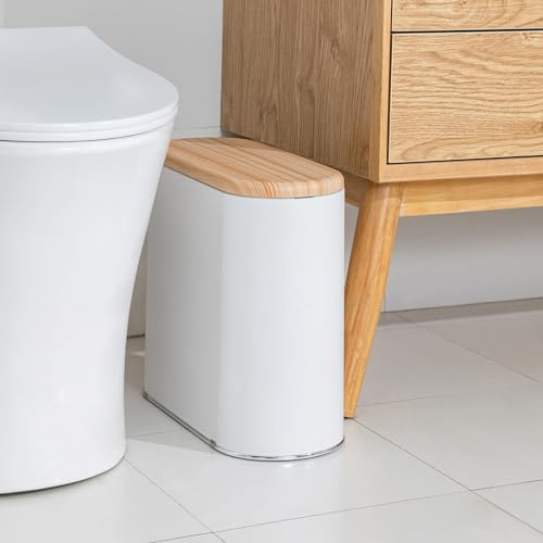 Bathroom Trash Can with Lid, 10 Liter/2.6 Gallon Small Garbage Can Dog Proof, Modern Office Waste Basket with Press Top, Slim Plastic Kitchen Trash Bin for Bedroom, Toilet, Living Room, Cream White