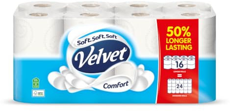 Velvet Comfort 50% Longer Lasting Toilet Tissue 16 Equals 24 Regular Rolls