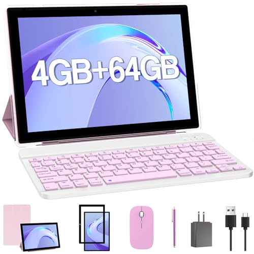 YQSAVIOR Tablette 10 pouces, 2 en 1 avec clavier, 4 Go + 64 Go, Android Tablet PC, Quad Core, écran HD 1280 x 800, double caméra, Wi-Fi, BT tablettes d'ordinateur avec étui et stylet souris, rose