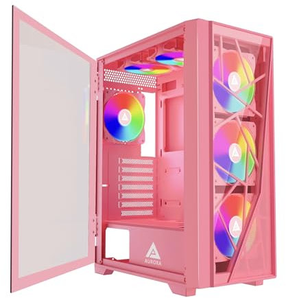 Apevia Aurora-PK Aurora Mid Tower Gaming PC Case w/6 x 120 mm PWM ARGB Fans, 366 modalità di luce RGB, 1 x pannello frontale in vetro e rete, 1 x porta girevole stile pannello laterale in vetro, 2 x