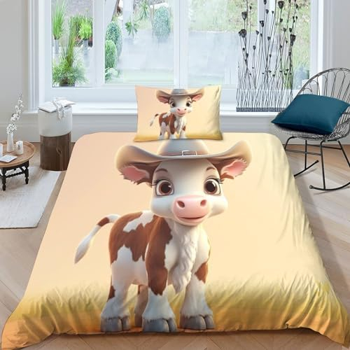 GEEYOU Hatted Kuh Bettwäsche Kissenbezug Niedliche Tiere Bettdeckenbezug Luxuriös Bettbezug Wärme Steppdeckenbezug Set Komfortabel Bed Linen Sets Für Jungen Und Mädchen Single(135x200cm)