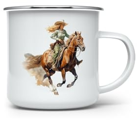 MAXIKIWI - Langlebige Emaille-Kaffee- oder Tee-Camping-Tasse für drinnen und draußen, Vintage-Wester-Welt-Cowboy, 350 ml