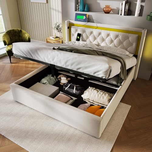 Doppelbett 140x200 cm, Hydraulisch Stauraumbett Funktionsbett mit Großer Stauraum und LED Kopfteil, Polsterbett mit USB Typ C Ladefunktion und Lattenrost, Jugendbett Familienbett, Beige Ohne Matratze