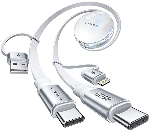 LISEN 60W USB C und Lightning Kabel 2 in 1, Einziehbar Multi Ladekabel Tragbar für Reisen, 4 In 1 ladekabel mit 5-stufige Länge Lightning Kabel USB C für iPhone15 14/iPad/Samsung/Tablet, Alle Geräte