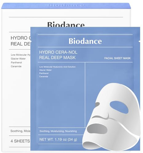 BIODANCE Hydro Cera-nol Real Deep Mask, Hydrogel Mask, Soothing, Moisturising, Nutritious, Korean Skin Care, 34 g x 4 Pieces