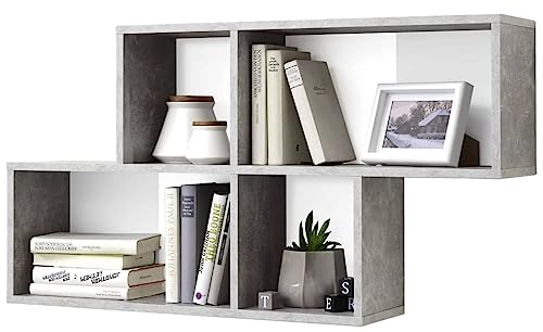DVD Regal Schweberegale Regale für wände FMD Wandregal mit 4 Fächern Betonoptik und Weißfür Küche, Schlafzimmer, Wohnzimmer