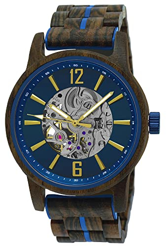 Holzwerk Germany Handgefertigte Automatik Herren-Uhr Öko Natur Holz-Uhr Holz Armband-Uhr Braun Blau Silber Analog (HW.Braun.Bla)