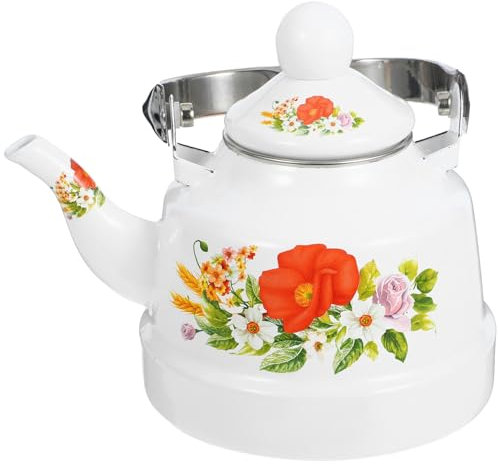 ABOOFAN Vintage Enamel Tea Kettle 1L Chinese Floral Pattern Enamel on Steel Teapot Cool Touch Porcelain Handle for Stovetop Induction
