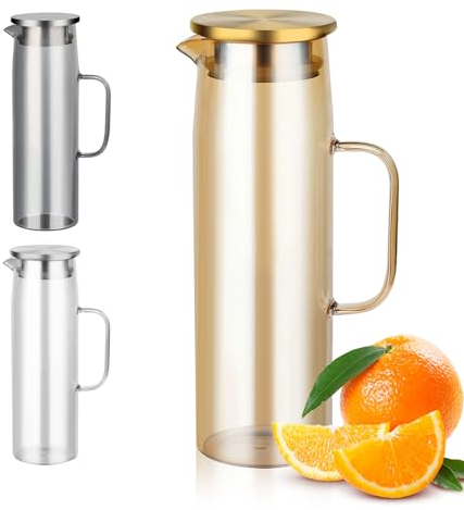 Bearrerp 1.5 L Carafe en verre, bouilloire résistante à la chaleur,Carafe Eau avec couvercle et Anse, pour eau chaude/froide, vin, thé glacé et boissons à base de jus (Doré)