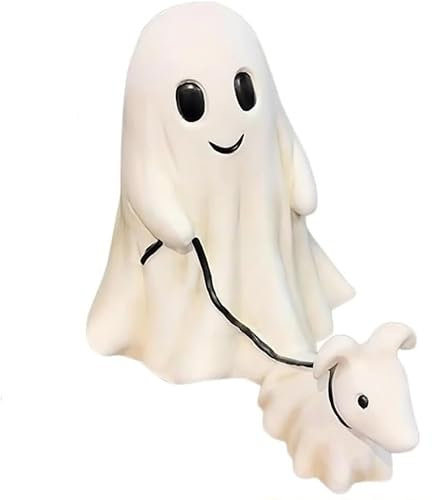 Atsmoce Ghost Walking Dog Statue, Süße Geister mit Hund, Geister Führe Hund Ornament, Home Deko fur Halloween (A)