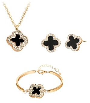 Hanaoops Vierblättriges Kleeblatt Schmuckset für Damen und Mädchen 18K Vergoldet Edelstahl Schwarz Glücksklee Strass Anhänger Halskette Ohrringe Armband Schmuck Set Hypoallergen Zierliche Geschenke