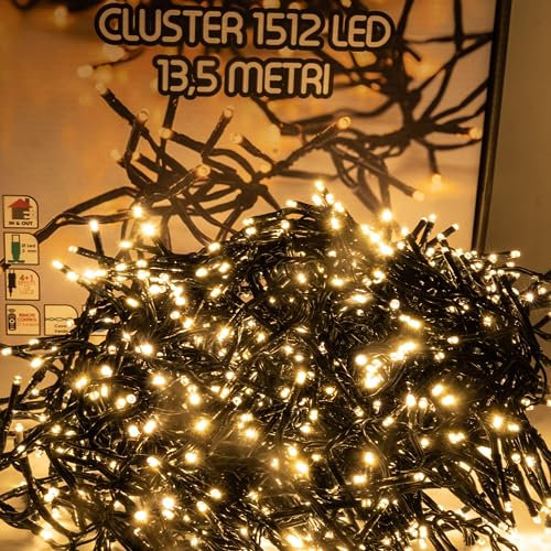 Luccika, Luci a Grappolo Cluster Bianco Caldo, 13,5 Metri, 1512 LED da Ø 3mm, Catena Luminosa per Albero di Natale, 4 Effetti di Luce, Telecomando, Timer, Cavo Verde IP44, Uso Interno/Esterno