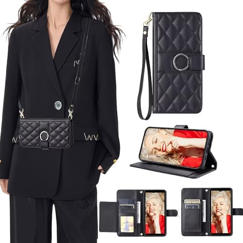 SEHEYA Handys Kette Handyhülle kompatibel mit Samsung Galaxy A55 5G Hülle mit Band Klapphülle Kordel Handytasche zum Umhängen Etui 2 in 1 Handy Cover Karten Börse, Schwarz