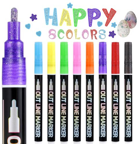 GEEHUA 8 Stück Glitzerstifte Set, 2mm Tip Glitzerstifte Glitzer Stifte Outline Zauberstifte Metallic Marker Ideal für DIY Ostereier Ostergeschenke Kinder Begeschenk Mädchen 9 Jahre