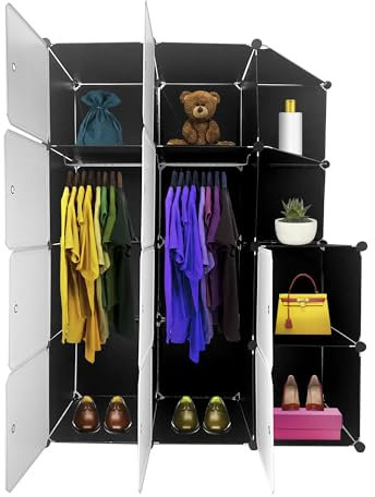 Nyana Armario Vestidor Modular Cube Boxed Home | 10 Cubos/Puertas | Vestidor Modular | Organización de Ropa | Perchero & Zapatero | Medidas: 147x110x47 cm (Negro)