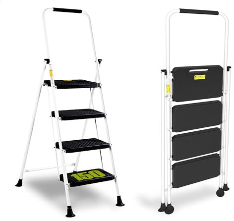 HYTAMA Scala Sgabello Pieghevole con Ampio Pedale Antiscivolo, Scala in Acciaio Robusta, Impugnatura Comoda, Leggera, Sgabello Portatile in Acciaio, Certificata EN14183 (BIANCO, 4 Gradini)