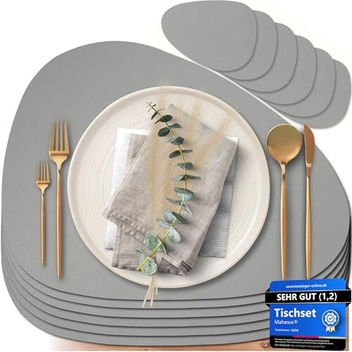Mahewa® 6er Set Premium Tischset aus Kunstleder - Platzset abwaschbar und wasserdicht - Platzdeckchen Telleruntersetzer in Lederoptik (Hellgrau, Oval)