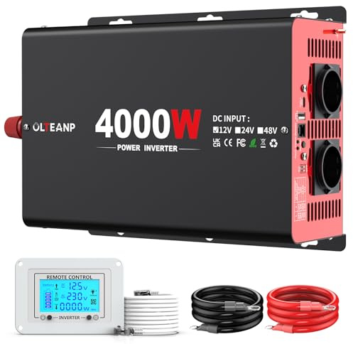 4000W Wechselrichter 12V auf 230V Modifizierter Sinus Wechselrichter mit 2 AC Ausgängen, 30W Type-C Port, 3.1A USB Port, Fernbedienung auf LCD Bildschirm, Stromwandler für LKW, Haus, Fahrzeuge, Reise