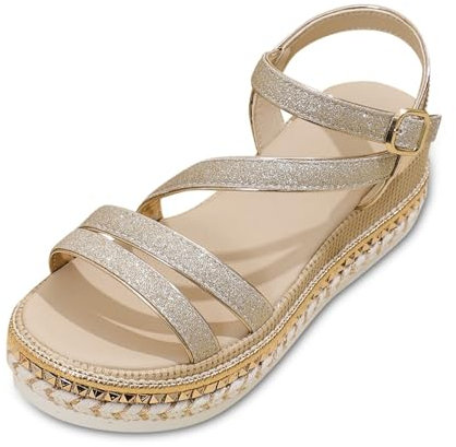 Stivali Alti Da Donna Neri Sandali Estivi A Punta Aperta Da Donna Suola Con Zeppe Spessa Flangia Unico Stile Bohemien Lucido Stivali Zeppe Nere Per Donne Mollet Large, oro, 39 EU Large