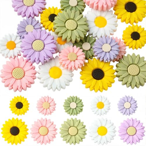 PONABEADIY 1 Box 10 Styles 20PCS Silicone Daisy Beads with Hole Sunflower Focal Rubber Flower Shaped Colorful Charms Loose Spacer Bead for Jewellery Making Beadable Pens Keychains Diy Crafts Supply