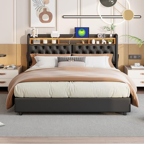 Doppelbettrahmen 180x200cm im Retro-Stil mit Hydraulischem Stauraum und LED-Beleuchtung, Schwarzes Plattformbett aus Kunstleder, Modern und Elegant,3 Größen Verfügbar für Ihr Ideales Schlafzimmer