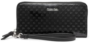Calvin Klein Damen Key Item Saffiano Continental Zip Around Wallet with Wristlet Strap Reisezubehör: Reisebrieftasche, Schwarz/silberfarbene Lackprägung