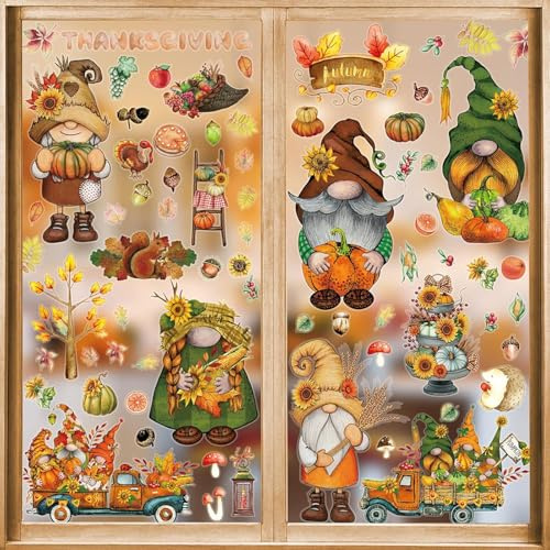 DazzJoy 9 Stück Herbstdeko Fensterbilder Selbstklebend, Fensterbilder Herbst Sticker mit Zwerge, Eichhörnchen, Kürbis, Igel, Ahornblätter, Tannenzapfen, Thanksgiving Fenster Sticker Herbst Dekoration