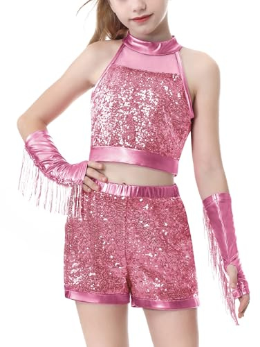 LOLANTA Girls Sequin Dance Crop Top & Shorts Tassel Sleeves Set | Metallic Outfits, Hip Hop Costumes, Sparkle Dance Clothes, for Stage Performance, Dance Competitions Outfits