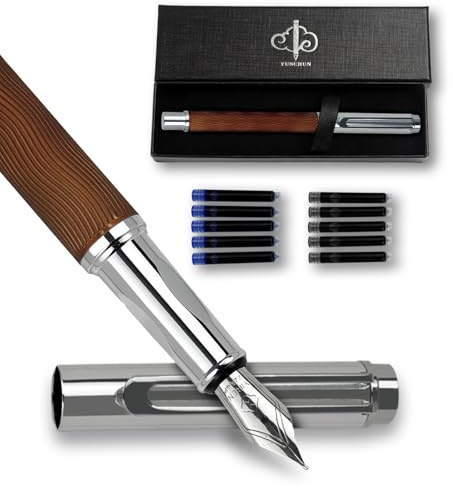 YUN CHUN Four-color Wave Fountain Pen Set, Refillable pens with 10 Ink Cartridges, Pens Set for Men Gift, Fountain Pens Medium Nib, Boligrafo Elegante Black Ink, Streamline Design Ink Pen, Brown