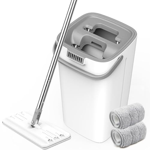 Flat Mop and Bucket Set, Easy Flash Speed Mop with Wringer Set 10 Reusable Mop Pads for Floor Cleaning Easy and Simple Squeeze for All Floors Types, White + Grey