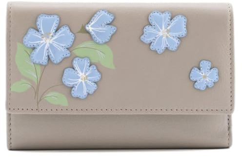 Mala Leather Sakura Floral Large Tri-Fold Purse – Genuine Leather – Japanese Flowers Design – 9 Card Slots, ID Window, Zipped Coin Pocket – Grey, Purple, Navy – 14.5 x 9.5 x 3 cm (Grey)