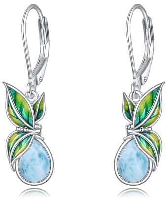Larimar Tropfen Ohrringe 925 Sterling Silber Grüne Blatt Hängend Ohrhänger Schmuck Geschenk für Damen Mädchen