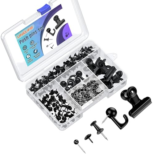 Uniclife 350 Stück Schwarze Push-Pins, Schwarze Reißzwecken für die Wand, 5-Stil Push-Pins für Pinnwand & Korkboard, Reißzwecken Wand-Haken-Set für Bilder, Fotos, Notizen, Kunst und Dekoration